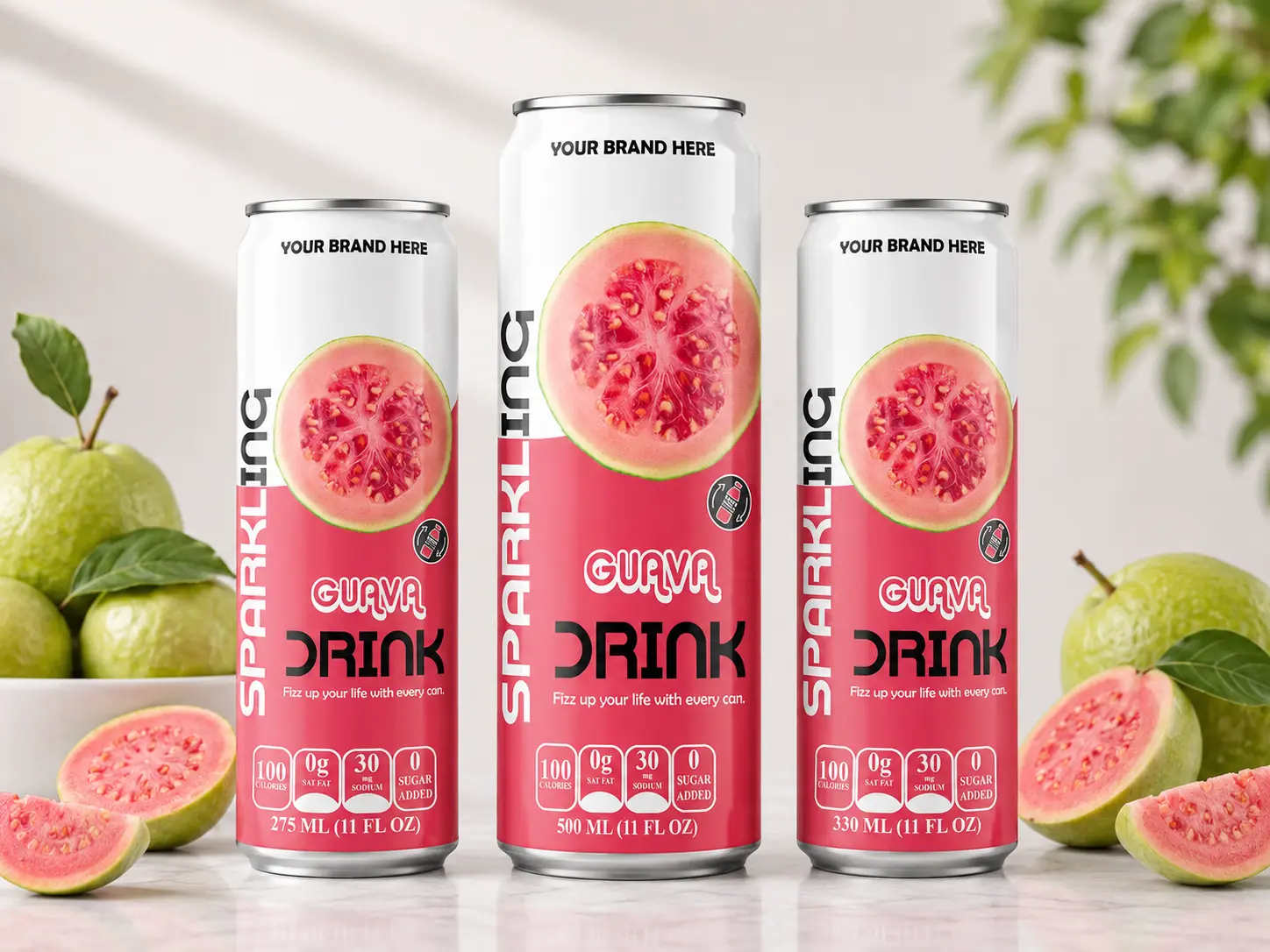 SPARKLING DRINK Guava Flavored Drink in 275ml, 500ml, and 330ml cans.